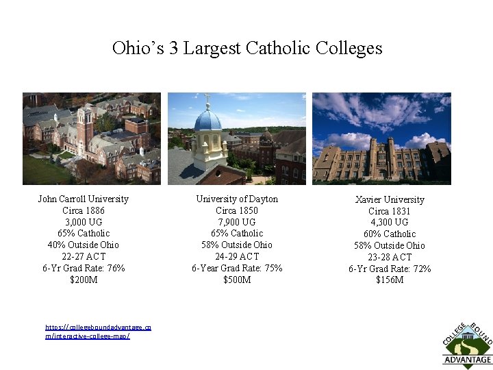 Ohio’s 3 Largest Catholic Colleges John Carroll University Circa 1886 3, 000 UG 65%