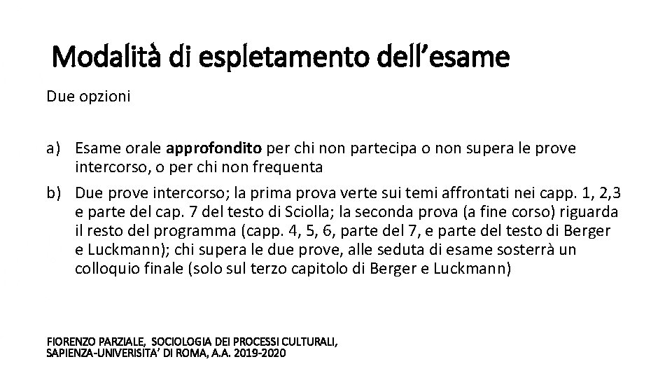 Modalità di espletamento dell’esame Due opzioni a) Esame orale approfondito per chi non partecipa