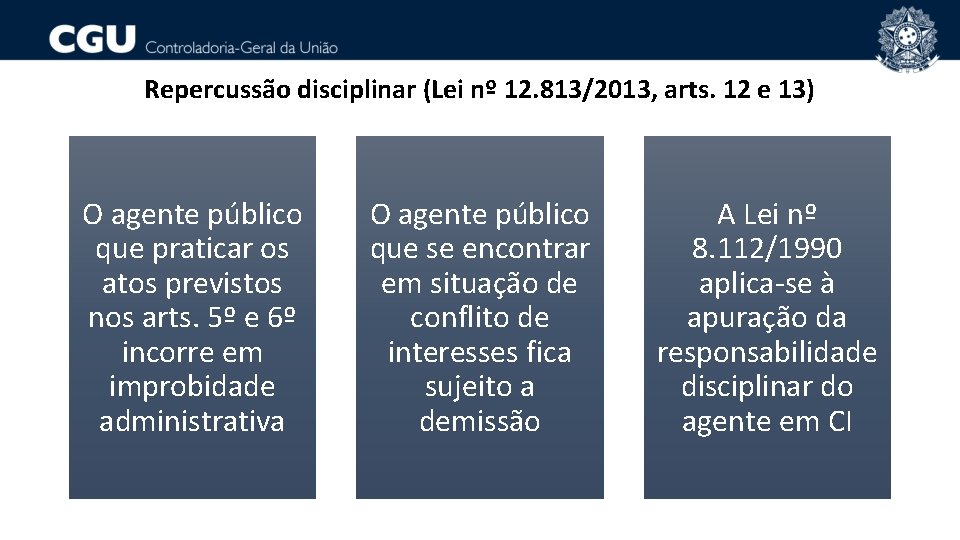 Repercussão disciplinar (Lei nº 12. 813/2013, arts. 12 e 13) O agente público que