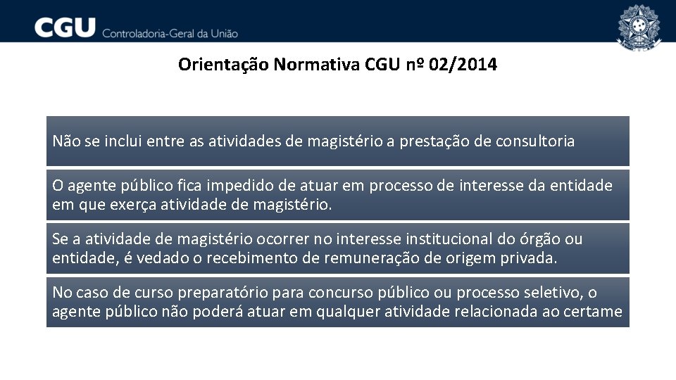 Orientação Normativa CGU nº 02/2014 Não se inclui entre as atividades de magistério a