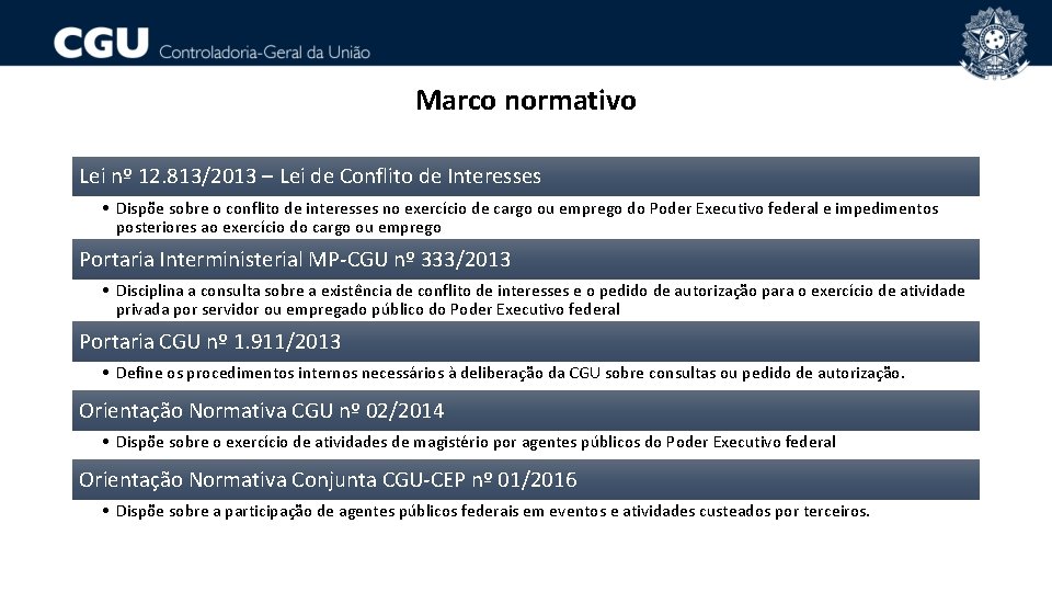 Marco normativo Lei nº 12. 813/2013 – Lei de Conflito de Interesses • Dispõe