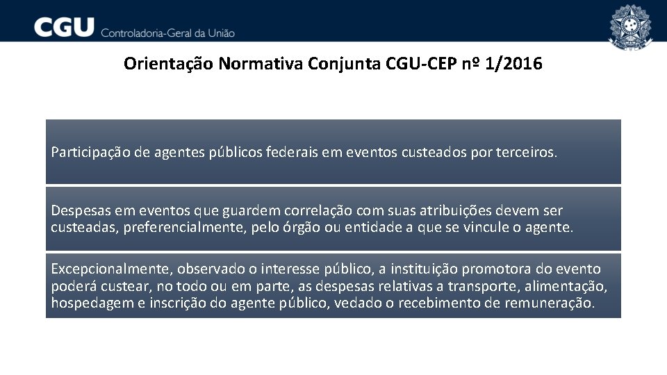 Orientação Normativa Conjunta CGU-CEP nº 1/2016 Participação de agentes públicos federais em eventos custeados