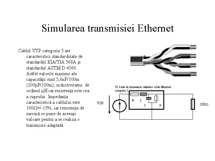 Simularea transmisiei Ethernet Cablul UTP categoria 5 are caracteristici standardizate de standardul EIA/TIA 568
