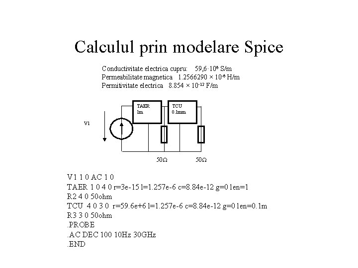 Calculul prin modelare Spice Conductivitate electrica cupru: 59, 6· 106 S/m Permeabilitate magnetica 1.