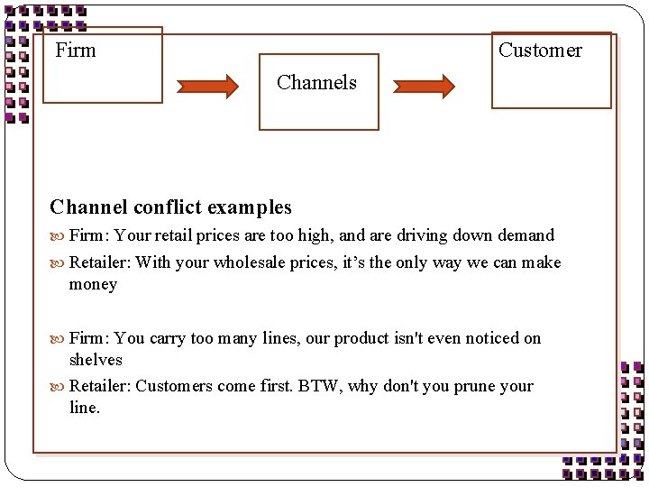 Firm Customer Channels Channel conflict examples Firm: Your retail prices are too high, and