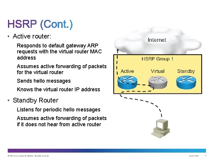  • Active router: Responds to default gateway ARP requests with the virtual router