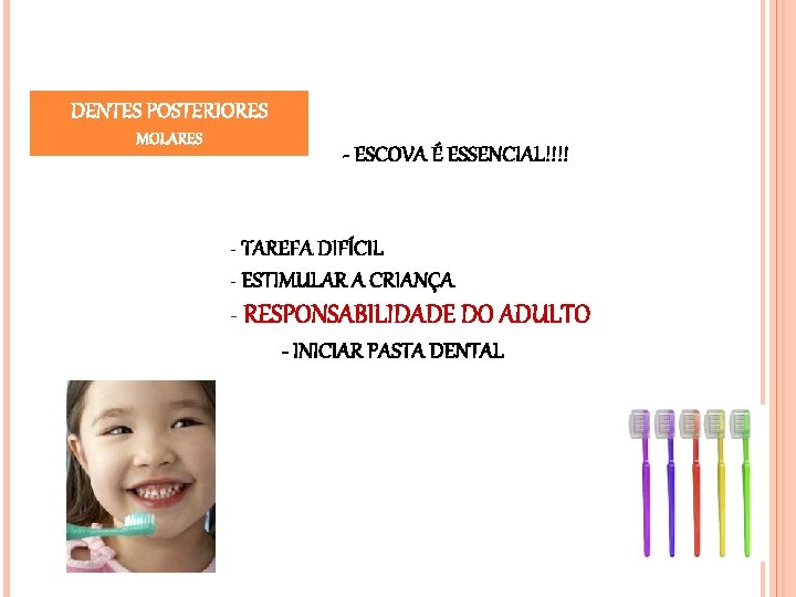 DENTES POSTERIORES MOLARES - ESCOVA É ESSENCIAL!!!! - TAREFA DIFÍCIL - ESTIMULAR A CRIANÇA