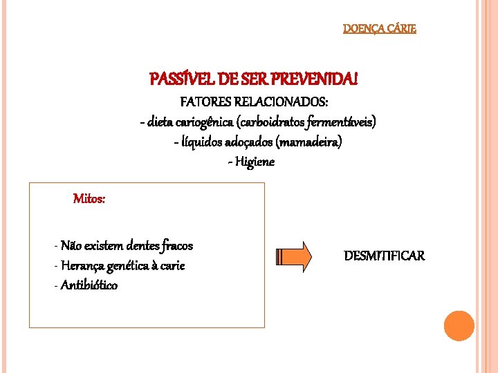 DOENÇA CÁRIE PASSÍVEL DE SER PREVENIDA! FATORES RELACIONADOS: - dieta cariogênica (carboidratos fermentáveis) -