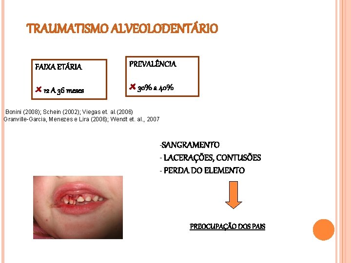 TRAUMATISMO ALVEOLODENTÁRIO FAIXA ETÁRIA PREVALÊNCIA 12 A 36 meses 30% a 40% Bonini (2008);