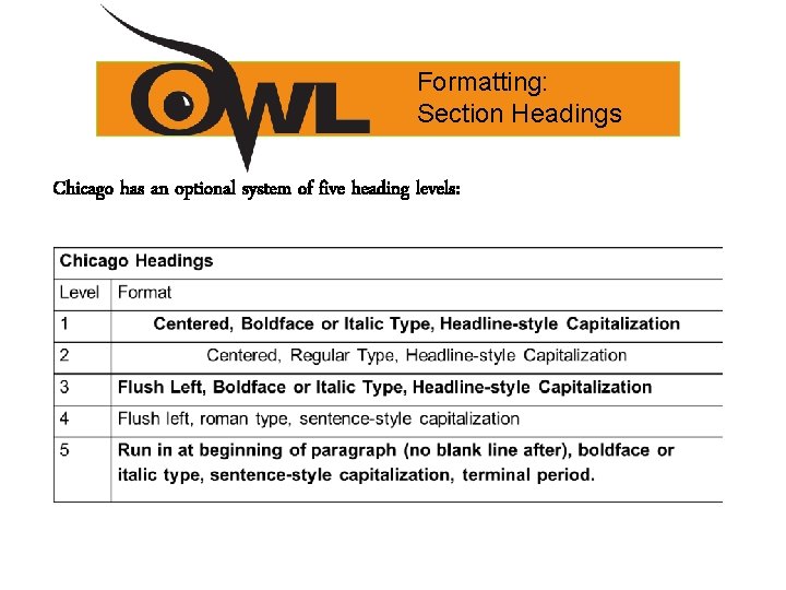 Formatting: Section Headings Chicago has an optional system of five heading levels: 
