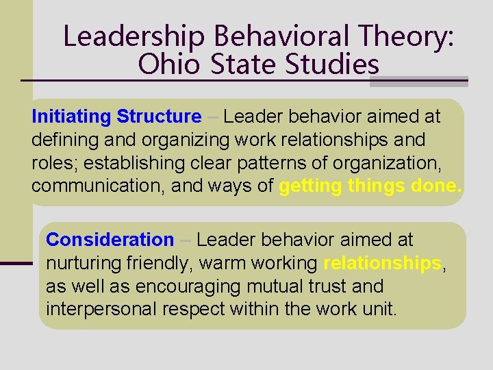 Leadership Behavioral Theory: Ohio State Studies Initiating Structure – Leader behavior aimed at defining