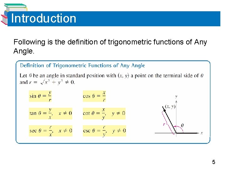 Introduction Following is the definition of trigonometric functions of Any Angle. 5 