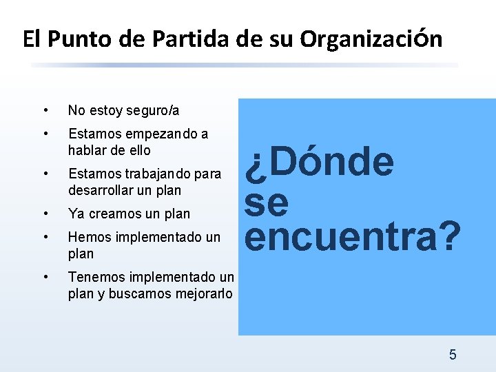 El Punto de Partida de su Organización • No estoy seguro/a • Estamos empezando