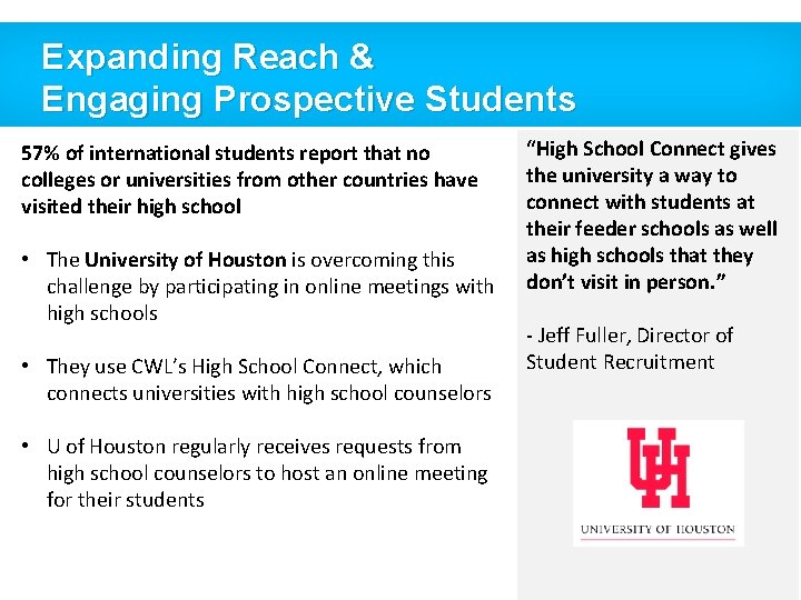 Expanding Reach & Engaging Prospective Students 57% of international students report that no colleges