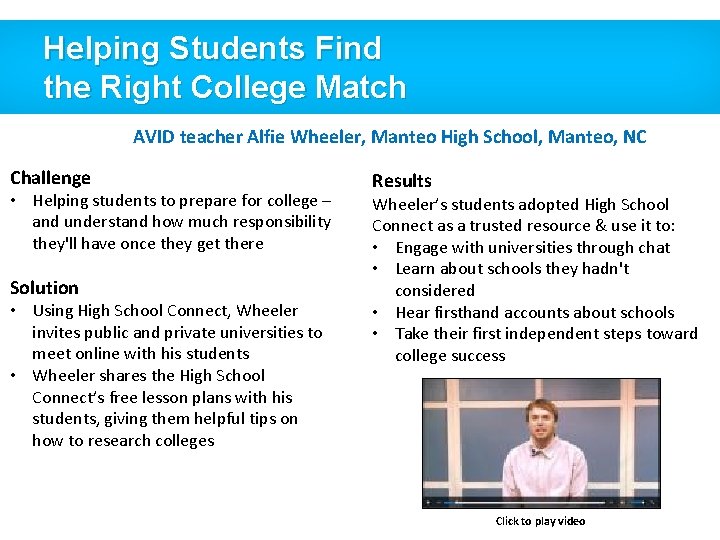 Helping Students Find the Right College Match AVID teacher Alfie Wheeler, Manteo High School,