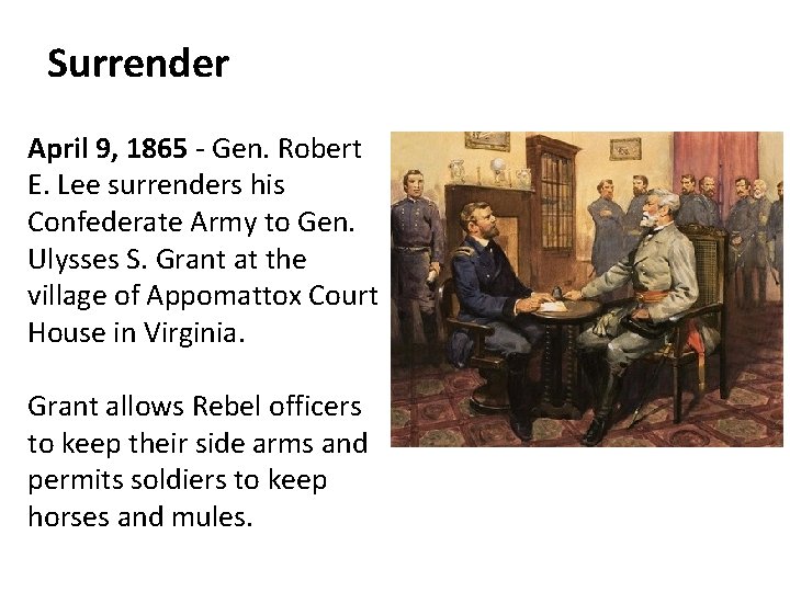 Surrender April 9, 1865 - Gen. Robert E. Lee surrenders his Confederate Army to