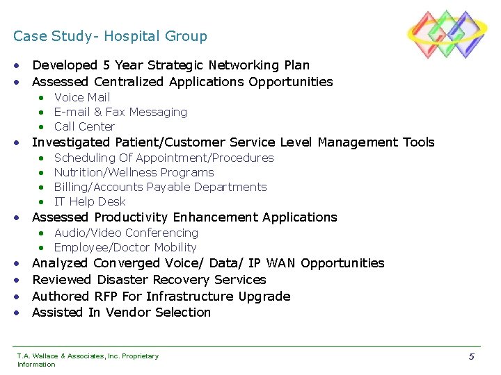 Case Study- Hospital Group • Developed 5 Year Strategic Networking Plan • Assessed Centralized