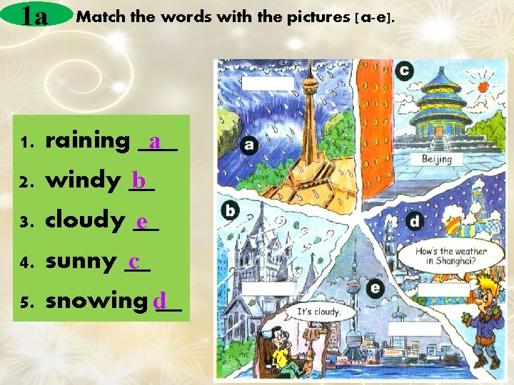 1 a Match the words with the pictures [a-e]. 1. raining ___ a 2.