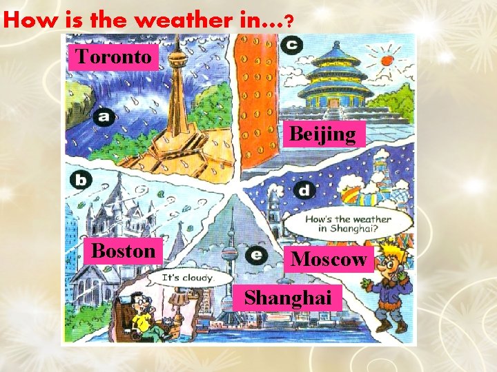 How is the weather in…? Toronto Beijing Boston Moscow Shanghai 