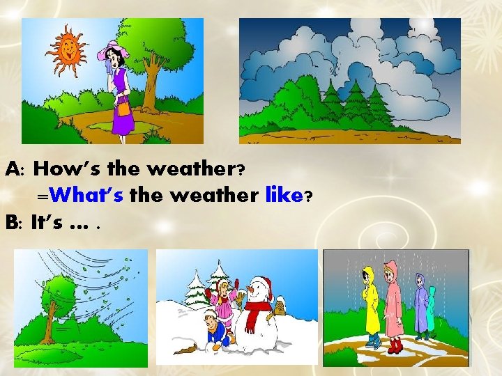 A: How’s the weather? =What’s the weather like? B: It’s …. 