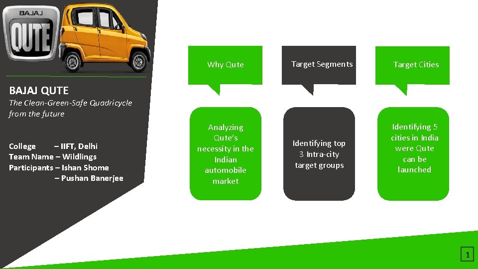 Why Qute Target Segments Target Cities BAJAJ QUTE The Clean-Green-Safe Quadricycle from the future