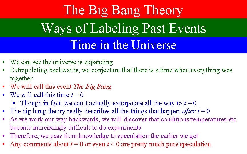 The Big Bang Theory Ways of Labeling Past Events Time in the Universe •
