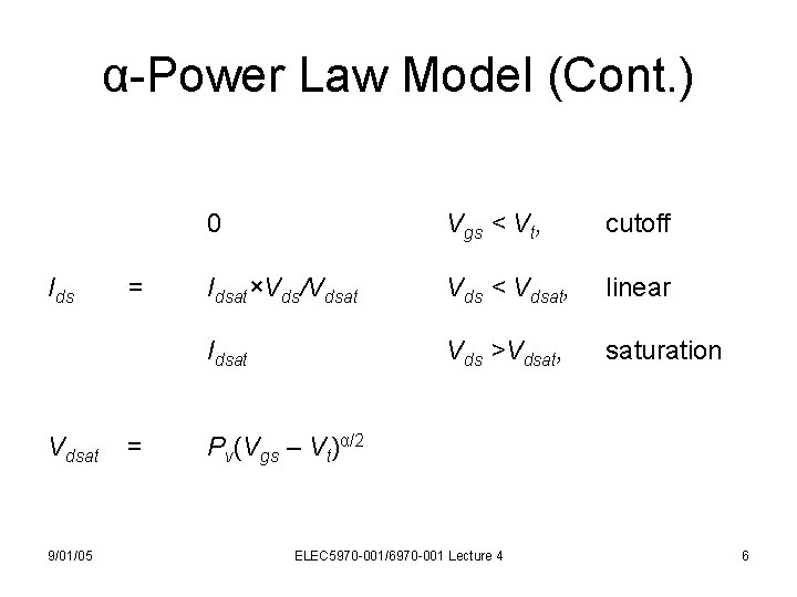 α-Power Law Model (Cont. ) Ids Vdsat 9/01/05 = = 0 Vgs < Vt,