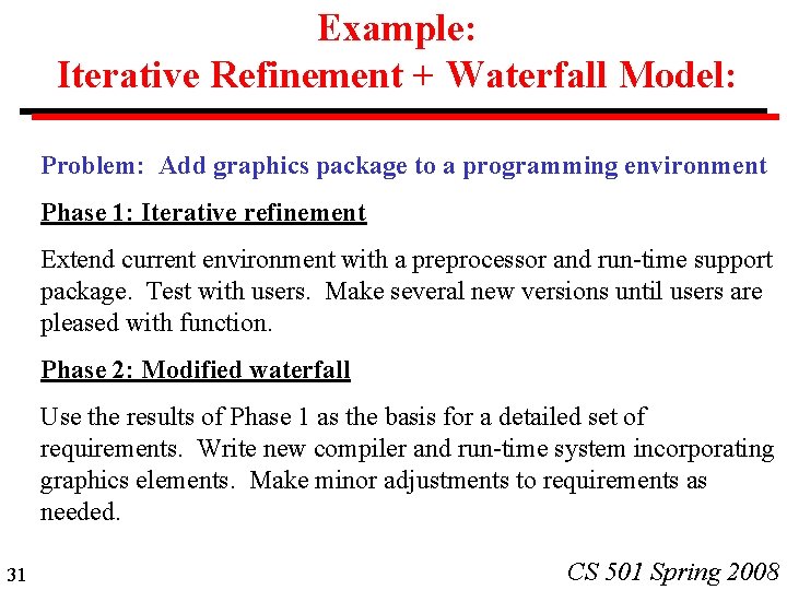 Example: Iterative Refinement + Waterfall Model: Problem: Add graphics package to a programming environment Example: Iterative Refinement + Waterfall Model: Problem: Add graphics package to a programming environment