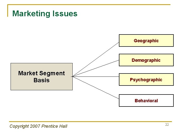 Marketing Issues Geographic Demographic Market Segment Basis Psychographic Behavioral Copyright 2007 Prentice Hall 22