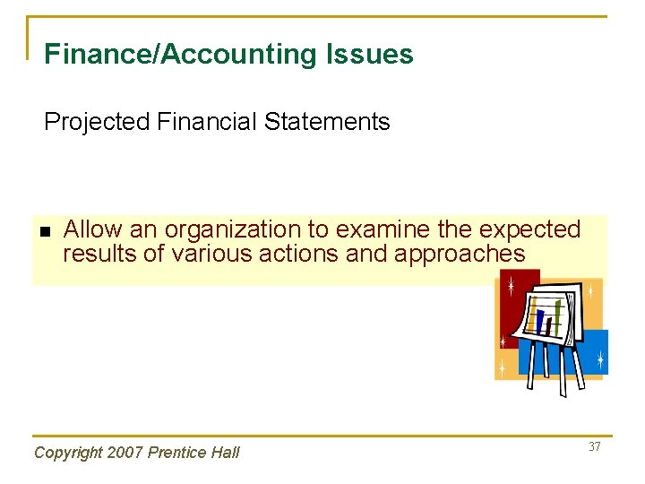 Finance/Accounting Issues Projected Financial Statements n Allow an organization to examine the expected results