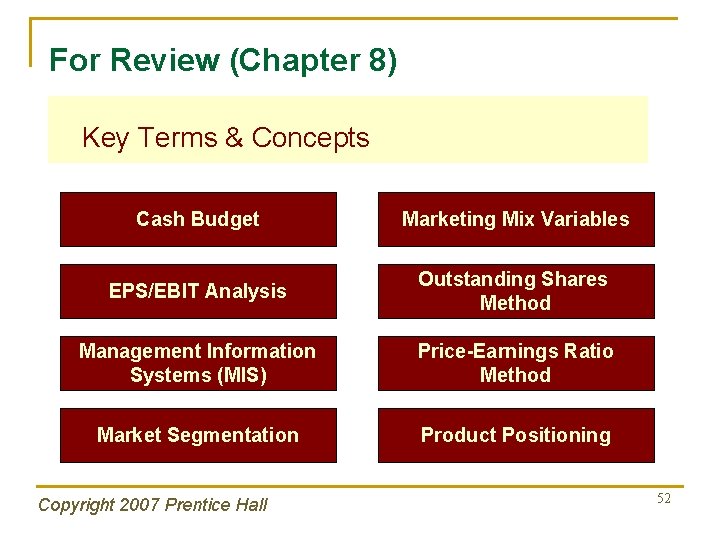 For Review (Chapter 8) Key Terms & Concepts Cash Budget Marketing Mix Variables EPS/EBIT