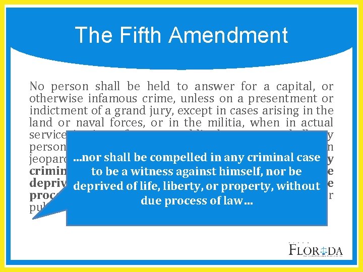 The Fifth Amendment No person shall be held to answer for a capital, or