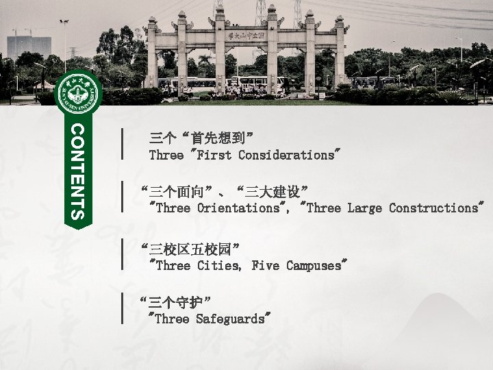 CONTENTS 三个“首先想到” Three "First Considerations" “三个面向”、“三大建设” "Three Orientations", "Three Large Constructions" “三校区五校园” "Three Cities,