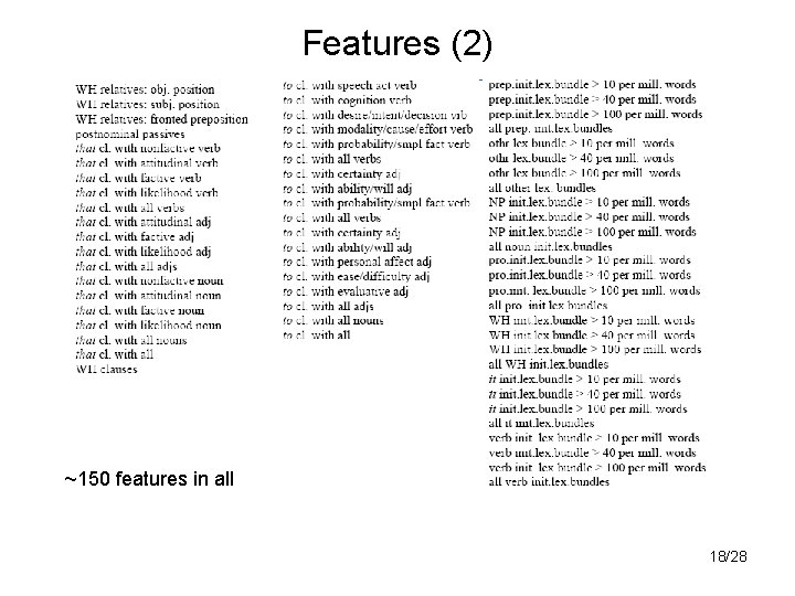 Features (2) ~150 features in all 18/28 