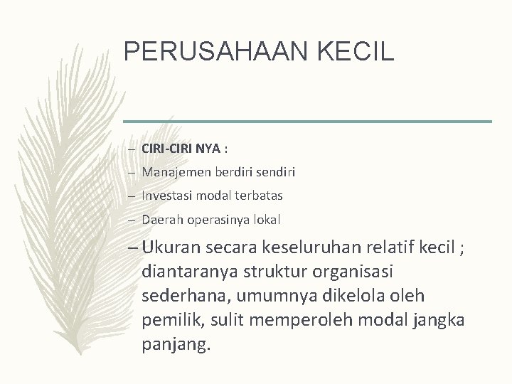 PERUSAHAAN KECIL – CIRI-CIRI NYA : – Manajemen berdiri sendiri – Investasi modal terbatas