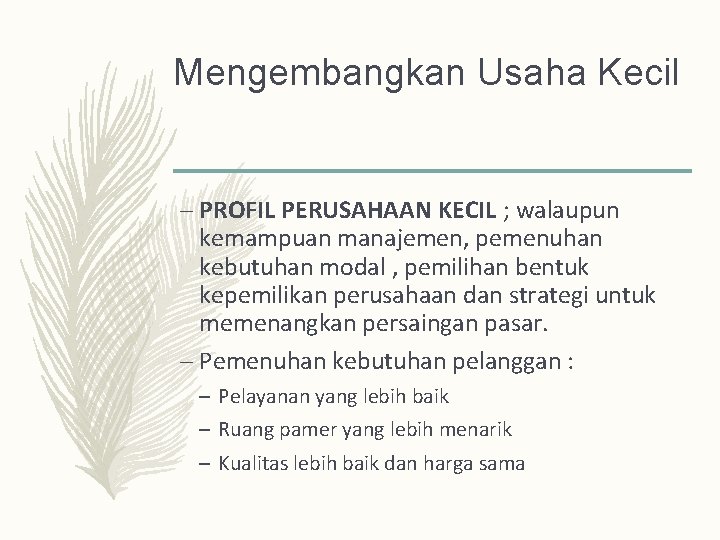 Mengembangkan Usaha Kecil – PROFIL PERUSAHAAN KECIL ; walaupun kemampuan manajemen, pemenuhan kebutuhan modal