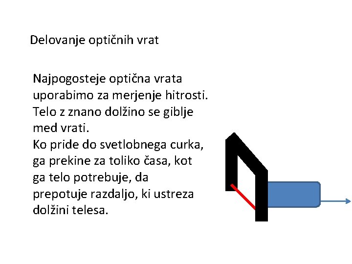 Delovanje optičnih vrat Najpogosteje optična vrata uporabimo za merjenje hitrosti. Telo z znano dolžino