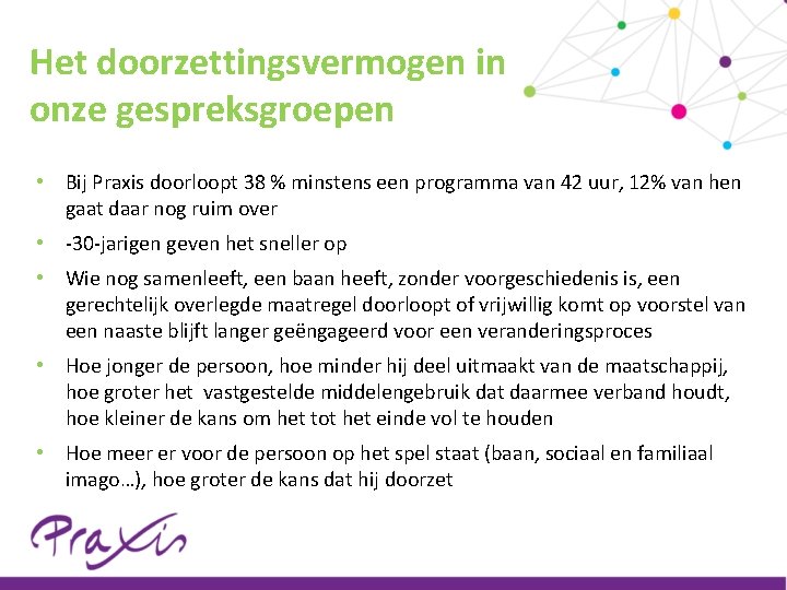 Het doorzettingsvermogen in onze gespreksgroepen • Bij Praxis doorloopt 38 % minstens een programma