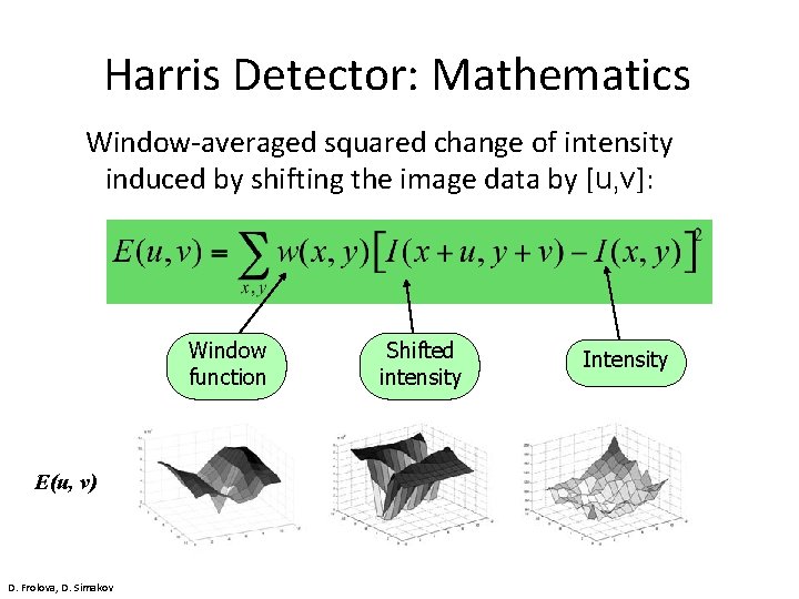 Harris Detector: Mathematics Window-averaged squared change of intensity induced by shifting the image data