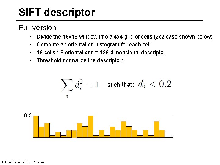 SIFT descriptor Full version • • Divide the 16 x 16 window into a