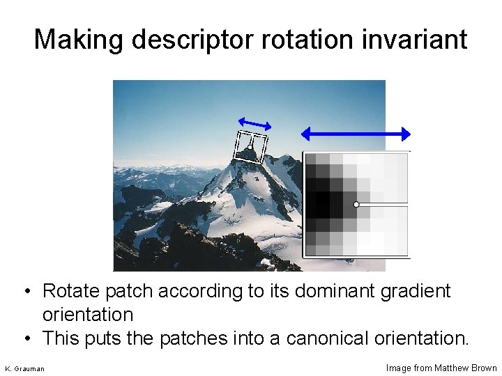 Making descriptor rotation invariant CSE 576: Computer Vision • Rotate patch according to its