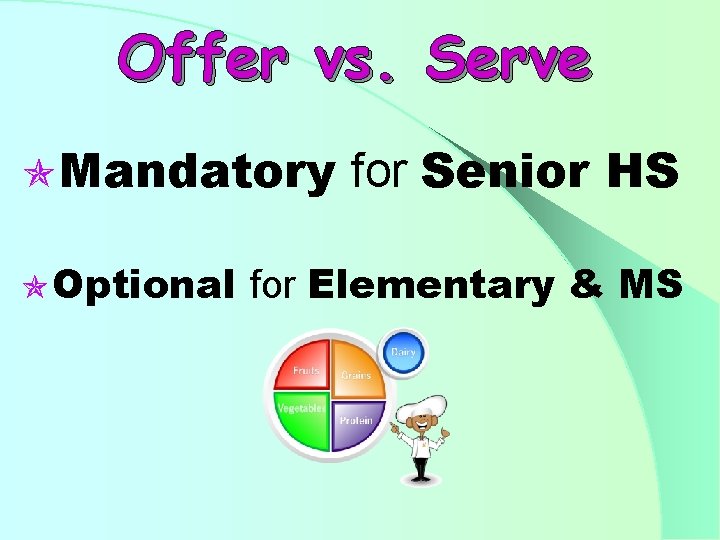Offer vs. Serve Mandatory Optional for Senior HS for Elementary & MS 