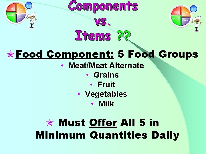 Components vs. Items ? ? Food Component: 5 Food Groups • Meat/Meat Alternate •