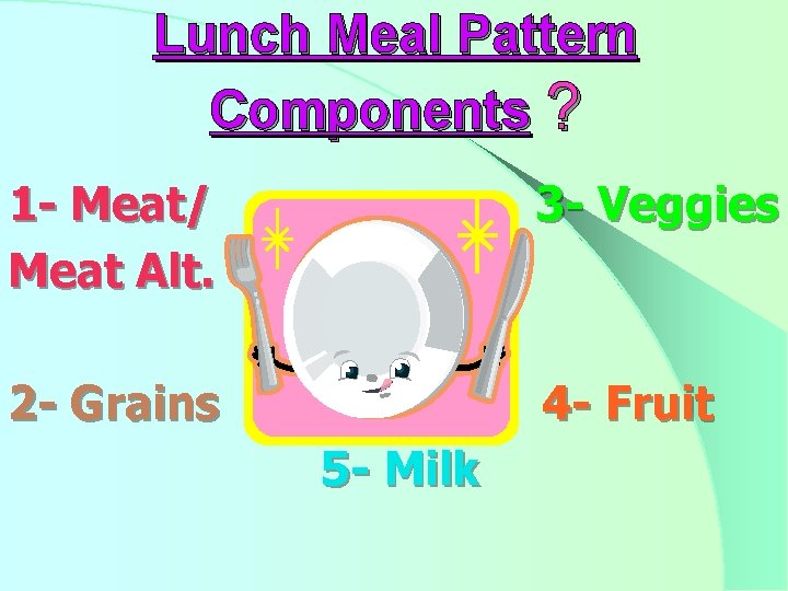 Lunch Meal Pattern Components ? 1 - Meat/ Meat Alt. 3 - Veggies 2