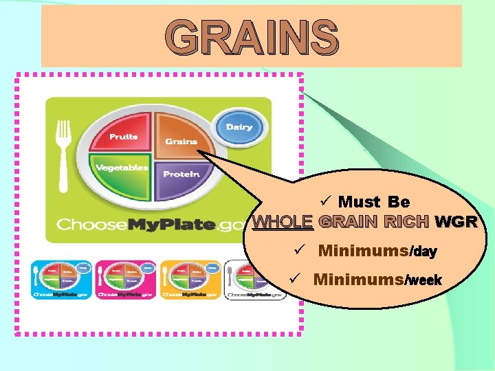 GRAINS ü Must Be WHOLE GRAIN RICH WGR ü Minimums/day ü Minimums/week 