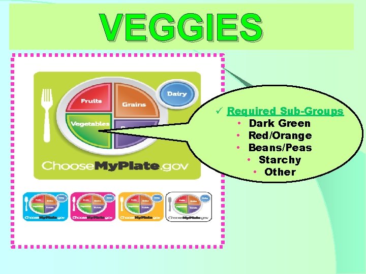 VEGGIES ü Required Sub-Groups • Dark Green • Red/Orange • Beans/Peas • Starchy •