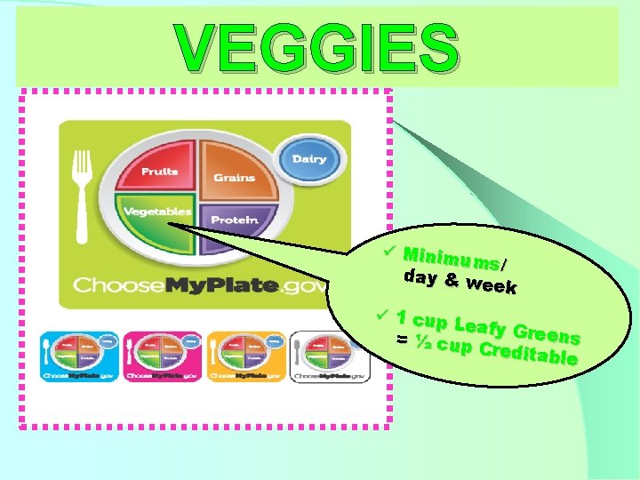 VEGGIES ü Minim ums/ day & w eek ü 1 cup Leafy Gr eens