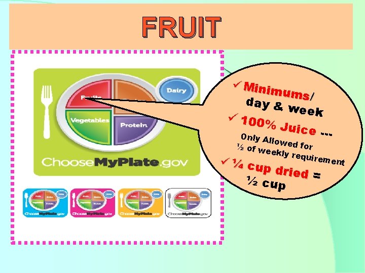 FRUIT ü Minim ums/ day & week ü 100% Juice --Only A llowed for