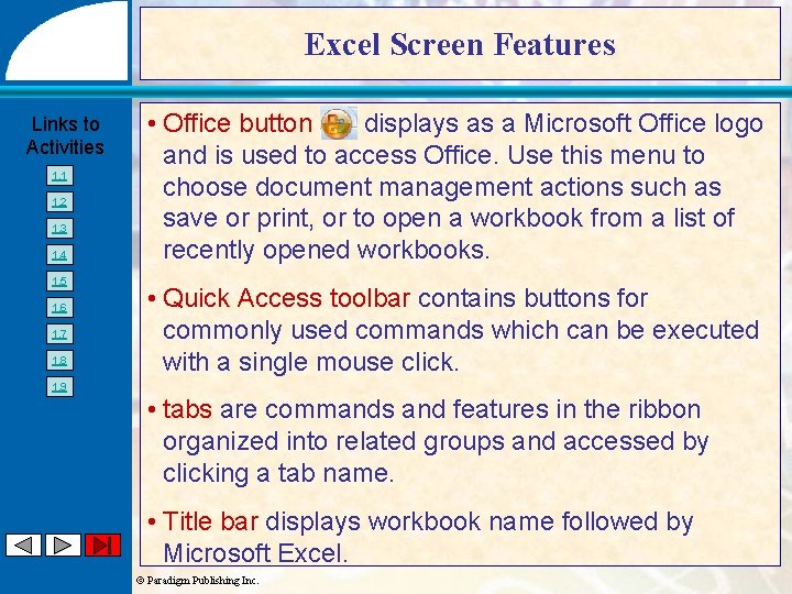 Excel Screen Features Links to Activities 1. 1 1. 2 1. 3 1. 4