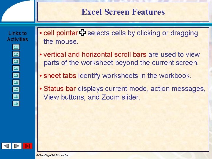 Excel Screen Features Links to Activities 1. 1 1. 2 1. 3 1. 4